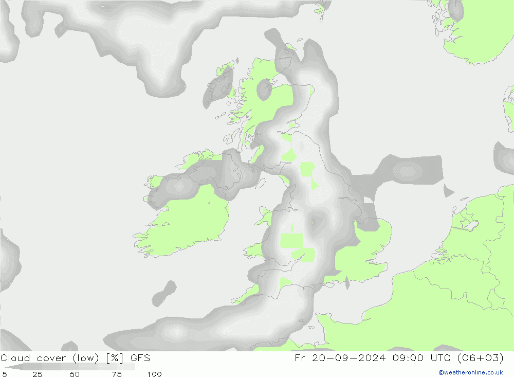 Cloud cover (low) GFS Fr 20.09.2024 09 UTC