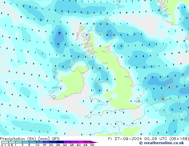 Precipitazione (6h) GFS ven 27.09.2024 06 UTC