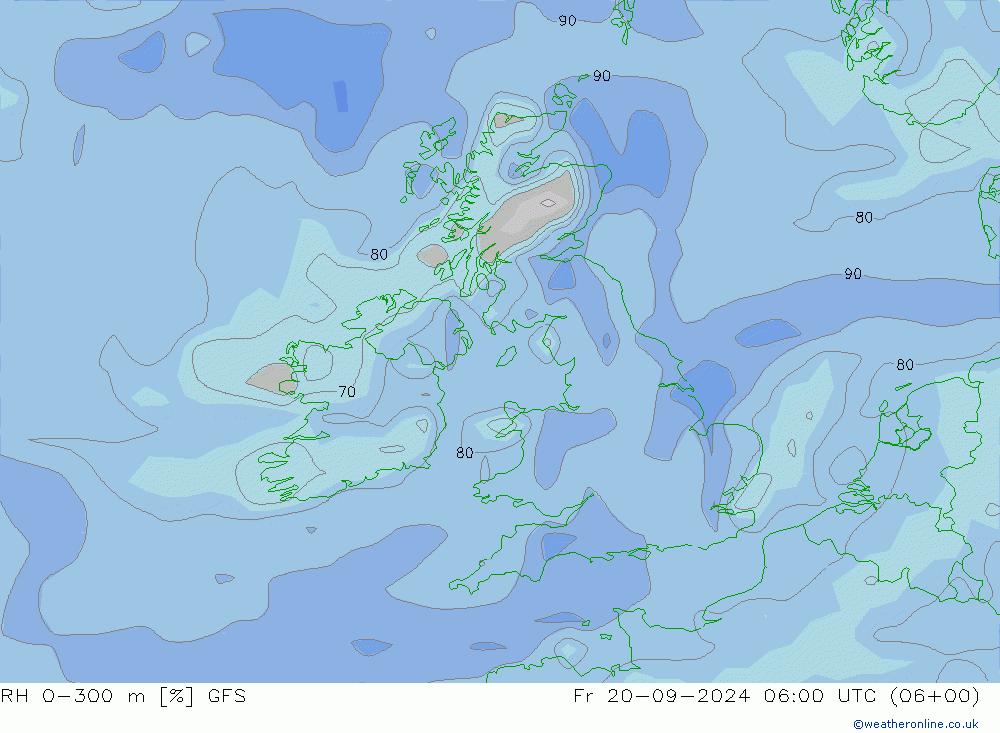 Humedad rel. 0-300m GFS vie 20.09.2024 06 UTC