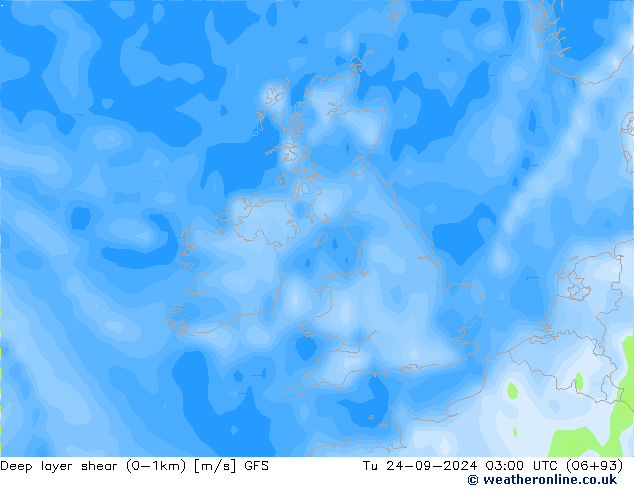 Deep layer shear (0-1km) GFS Tu 24.09.2024 03 UTC