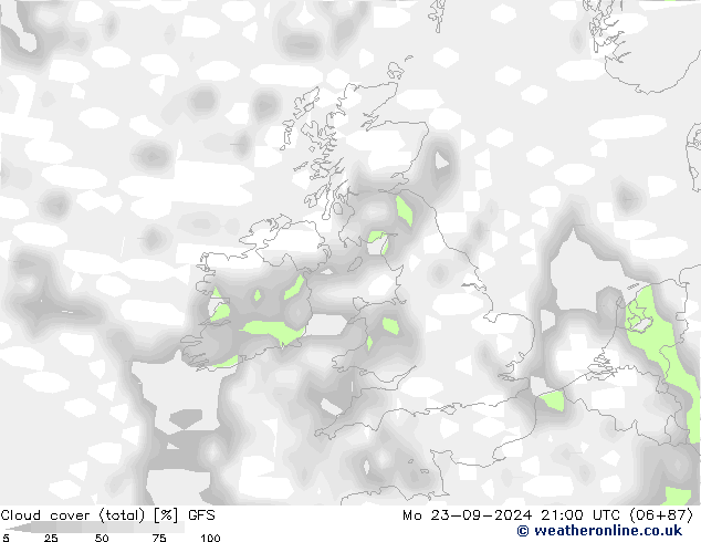 Cloud cover (total) GFS Po 23.09.2024 21 UTC