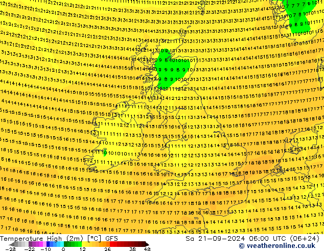 Temperature High (2m) GFS Sa 21.09.2024 06 UTC