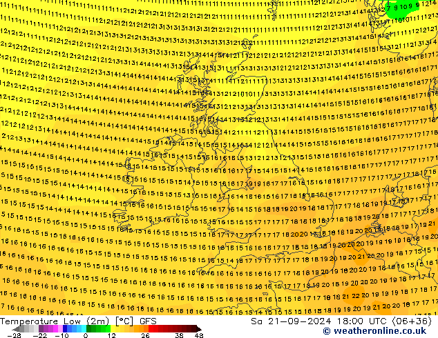 Min.temperatuur (2m) GFS za 21.09.2024 18 UTC