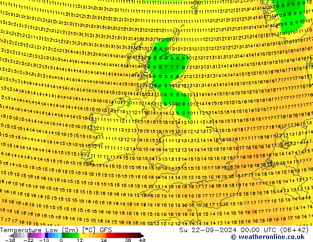 temperatura mín. (2m) GFS Dom 22.09.2024 00 UTC