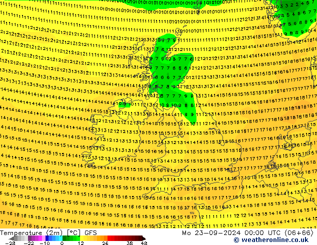 Temperature (2m) GFS Mo 23.09.2024 00 UTC