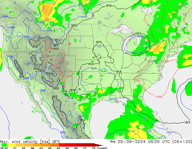 Max. wind velocity GFS We 25.09.2024 06 UTC