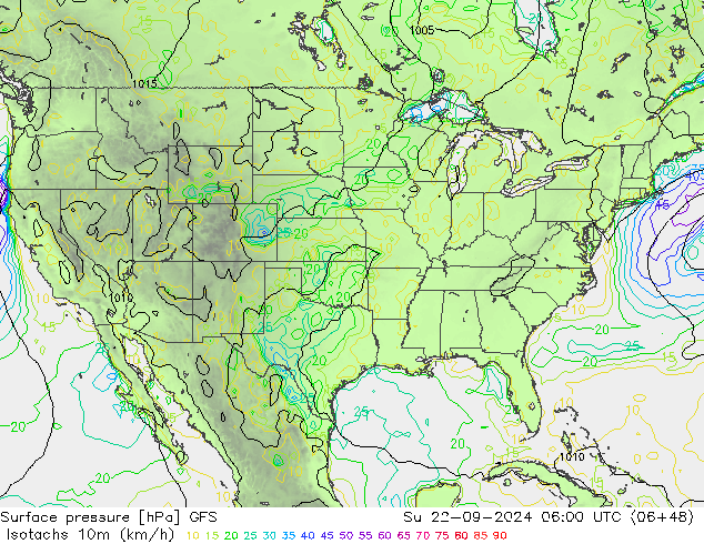 Isotachs (kph) GFS Ne 22.09.2024 06 UTC