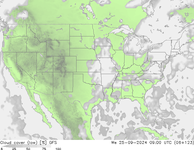 Cloud cover (low) GFS We 25.09.2024 09 UTC