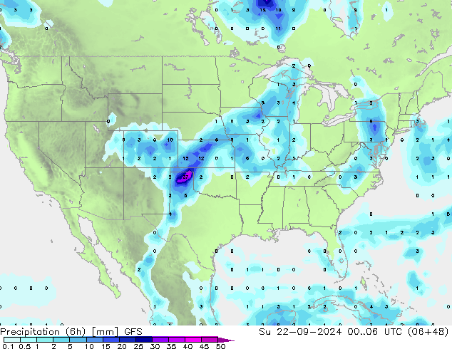 Precipitazione (6h) GFS dom 22.09.2024 06 UTC