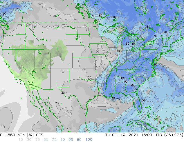 RH 850 гПа GFS вт 01.10.2024 18 UTC