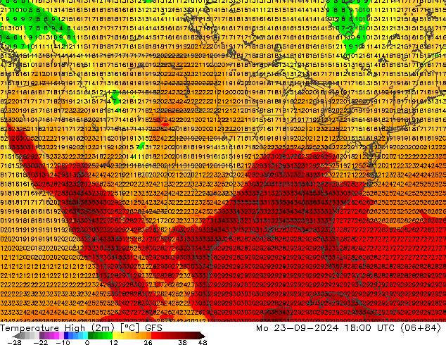 Nejvyšší teplota (2m) GFS Po 23.09.2024 18 UTC