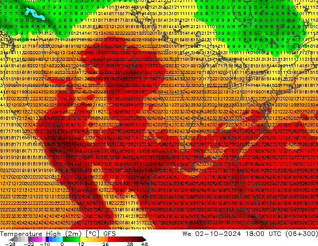 Temperature High (2m) GFS We 02.10.2024 18 UTC