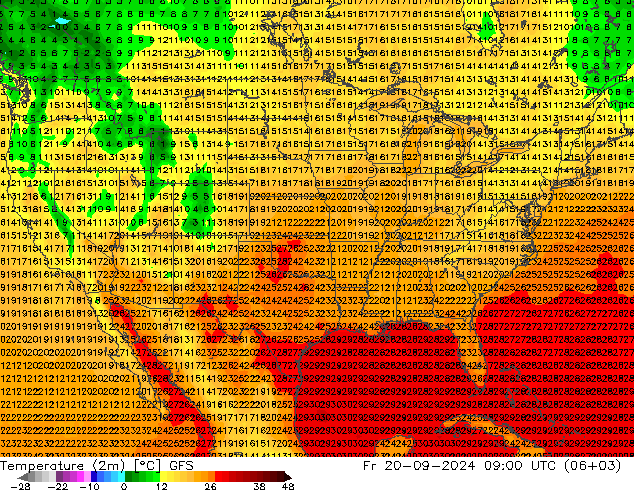 Temperatuurkaart (2m) GFS vr 20.09.2024 09 UTC