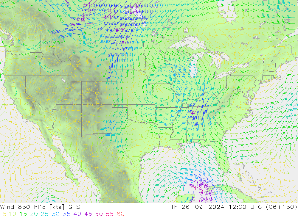 wiatr 850 hPa GFS czw. 26.09.2024 12 UTC