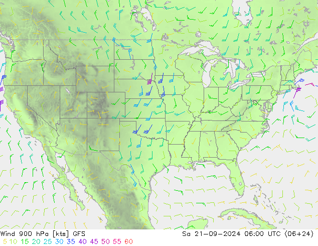 Vent 900 hPa GFS sam 21.09.2024 06 UTC