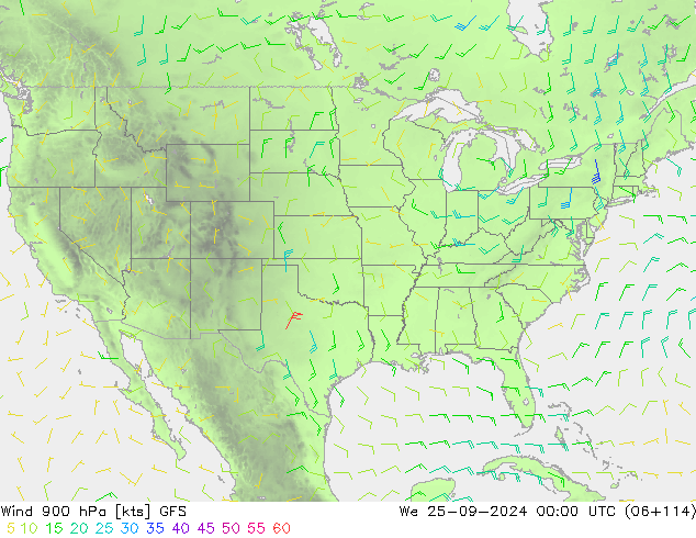 Wind 900 hPa GFS Mi 25.09.2024 00 UTC