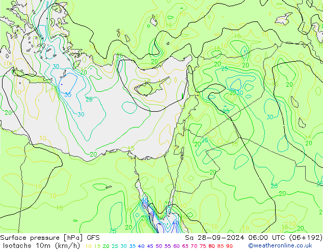 Eşrüzgar Hızları (km/sa) GFS Cts 28.09.2024 06 UTC