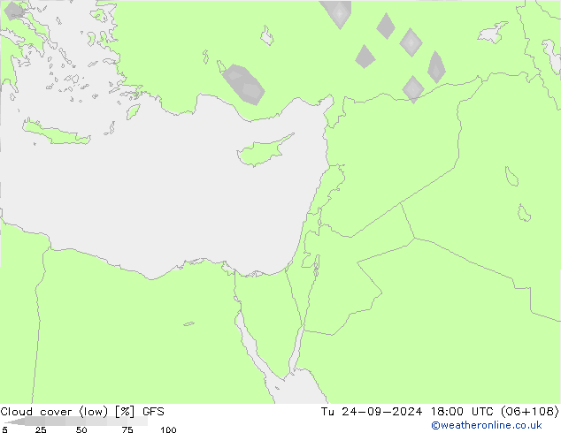 Cloud cover (low) GFS Tu 24.09.2024 18 UTC