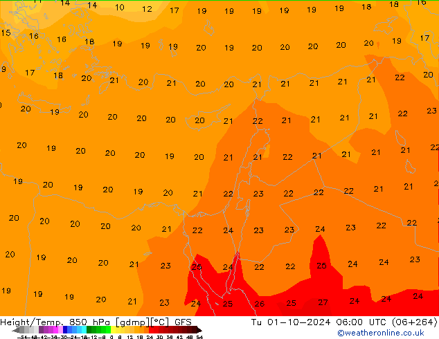 Géop./Temp. 850 hPa GFS mar 01.10.2024 06 UTC