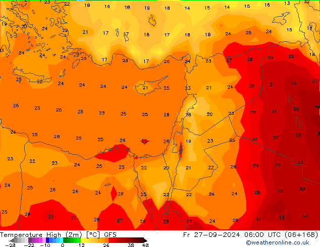 Max.temperatuur (2m) GFS vr 27.09.2024 06 UTC