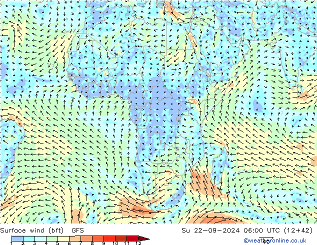 Surface wind (bft) GFS Su 22.09.2024 06 UTC