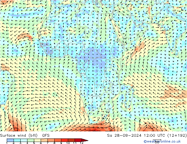 Wind 10 m (bft) GFS za 28.09.2024 12 UTC