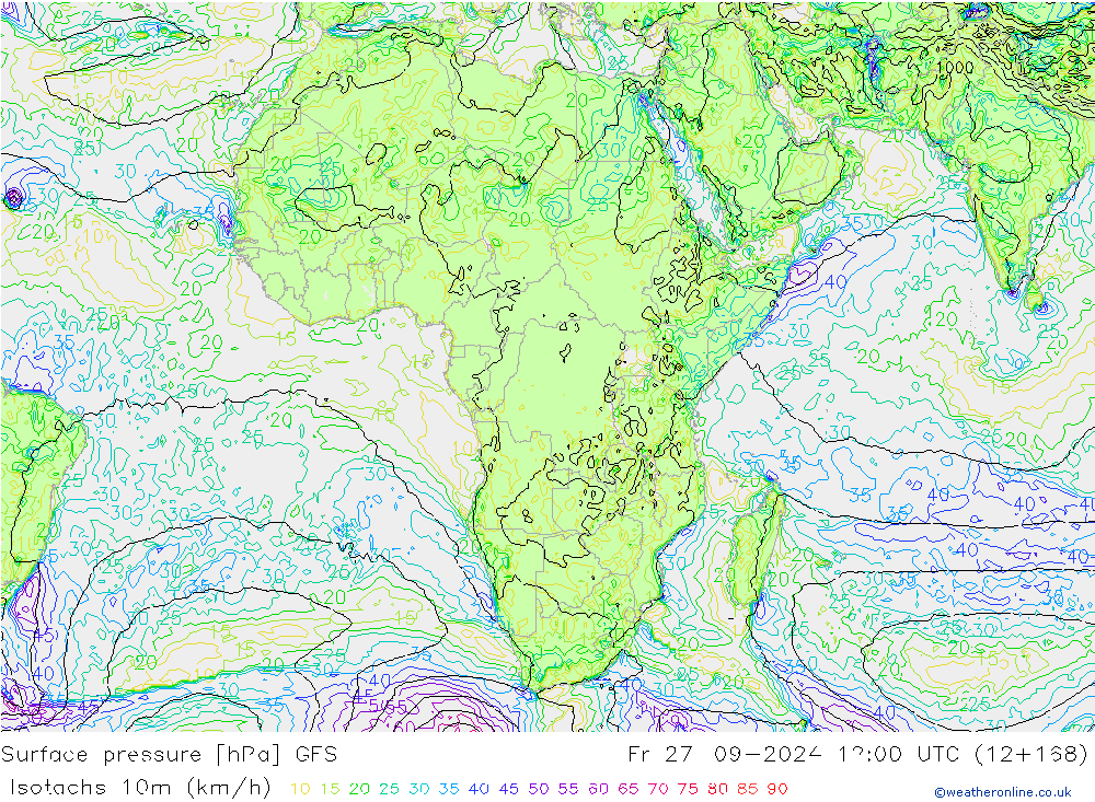 Isotachs (kph) GFS Fr 27.09.2024 12 UTC