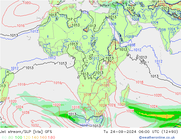 Jet stream/SLP GFS Tu 24.09.2024 06 UTC