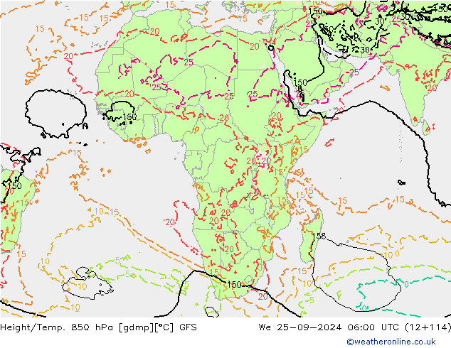 Height/Temp. 850 hPa GFS śro. 25.09.2024 06 UTC