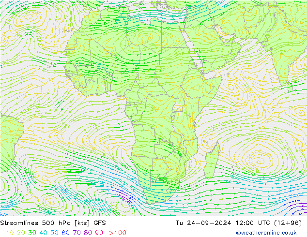 Streamlines 500 hPa GFS Út 24.09.2024 12 UTC