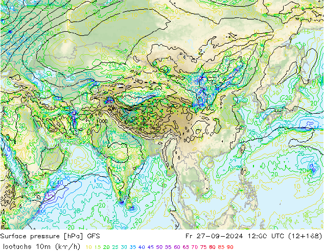 Eşrüzgar Hızları (km/sa) GFS Cu 27.09.2024 12 UTC