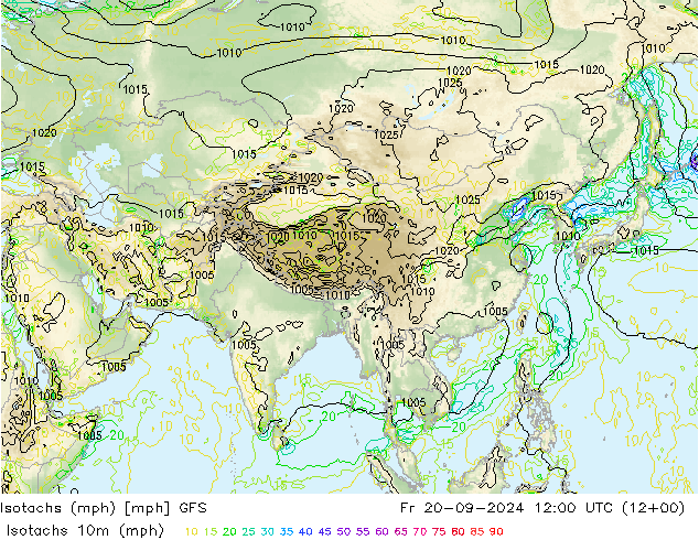 Isotachs (mph) GFS ven 20.09.2024 12 UTC