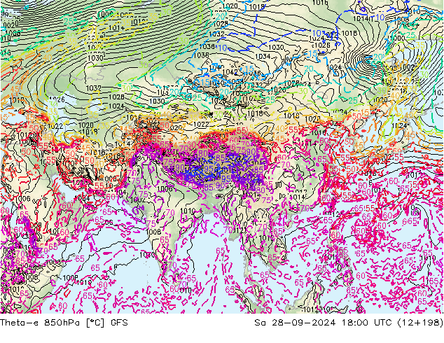 Theta-e 850hPa GFS Sáb 28.09.2024 18 UTC