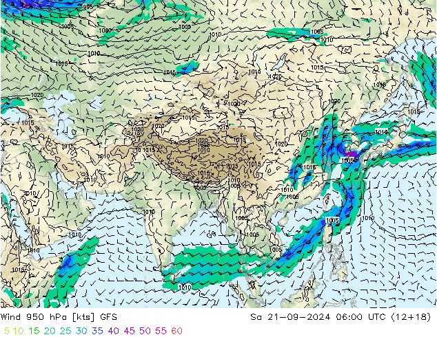 Vent 950 hPa GFS sam 21.09.2024 06 UTC