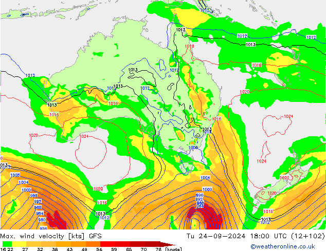 Max. wind velocity GFS Tu 24.09.2024 18 UTC