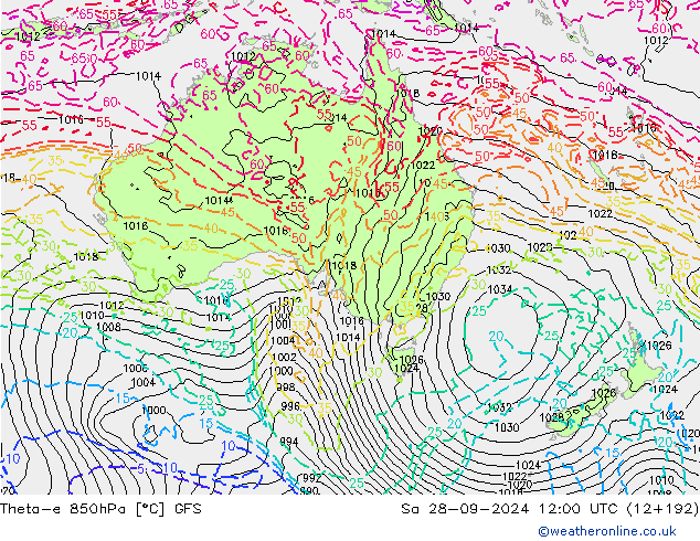 Theta-e 850hPa GFS so. 28.09.2024 12 UTC