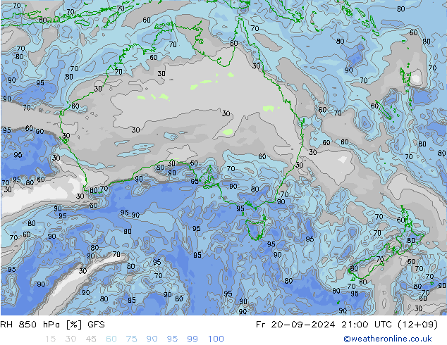 RH 850 гПа GFS пт 20.09.2024 21 UTC