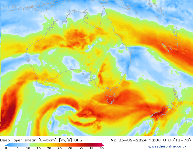 Deep layer shear (0-6km) GFS Mo 23.09.2024 18 UTC