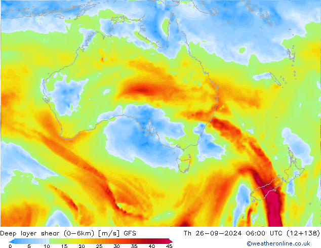 Deep layer shear (0-6km) GFS Th 26.09.2024 06 UTC