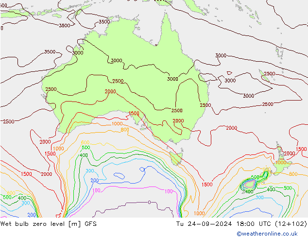 Wet bulb zero level GFS Tu 24.09.2024 18 UTC