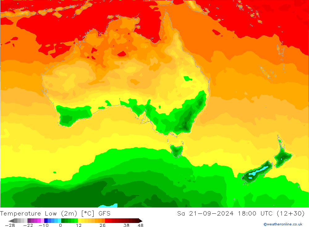 Min. Temperatura (2m) GFS so. 21.09.2024 18 UTC