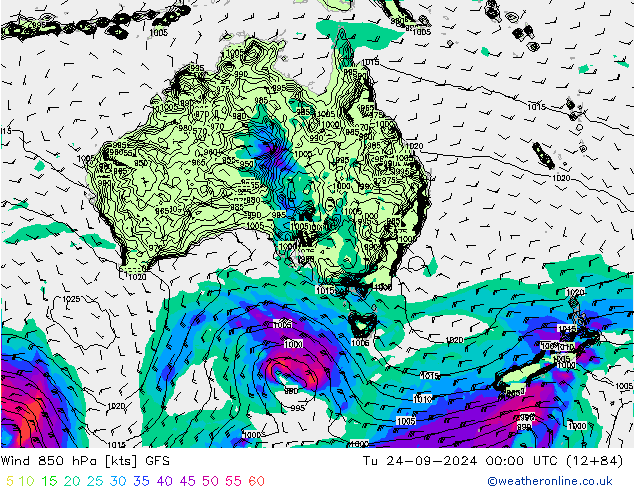 Wind 850 hPa GFS Tu 24.09.2024 00 UTC