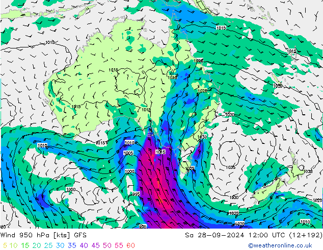 Vento 950 hPa GFS Sáb 28.09.2024 12 UTC