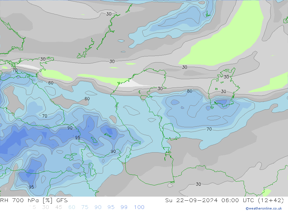 RH 700 hPa GFS Su 22.09.2024 06 UTC