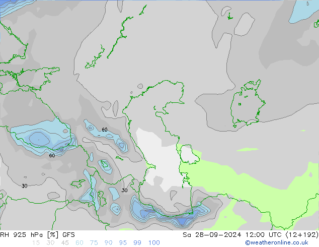 RH 925 гПа GFS сб 28.09.2024 12 UTC