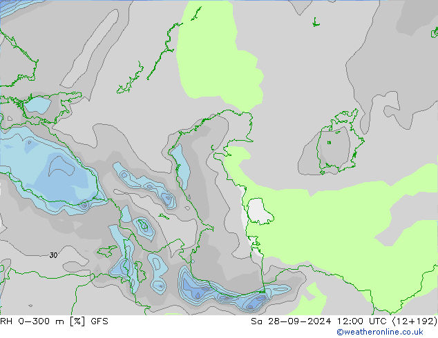 RH 0-300 m GFS сб 28.09.2024 12 UTC