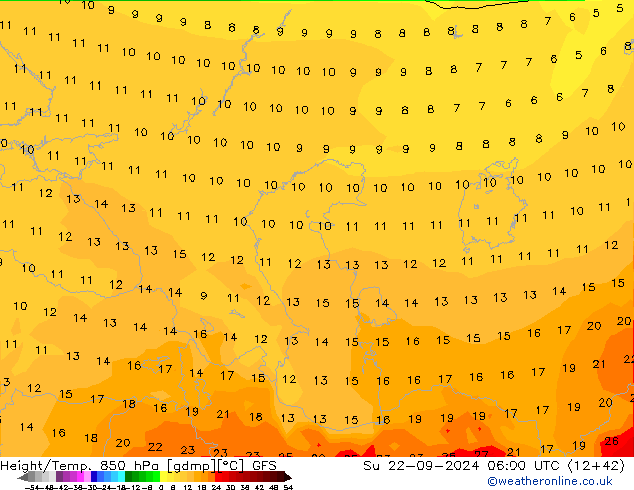 Geop./Temp. 850 hPa GFS dom 22.09.2024 06 UTC