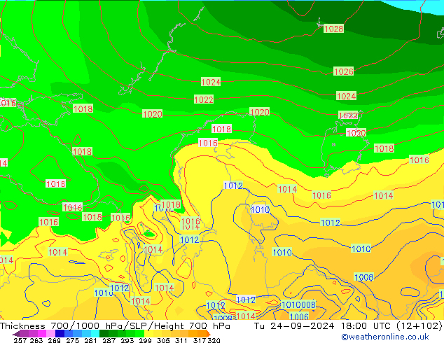 700-1000 hPa Kalınlığı GFS Sa 24.09.2024 18 UTC