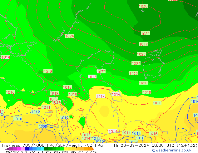 Thck 700-1000 гПа GFS чт 26.09.2024 00 UTC