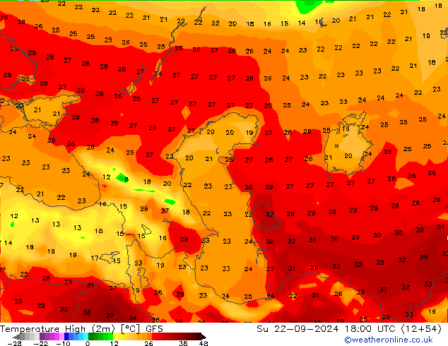 temperatura máx. (2m) GFS Dom 22.09.2024 18 UTC